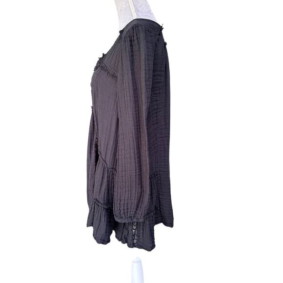 FREE PEOPLE Black 100% Cotton Button Front Boho Peasant Blouse Top Size S - Picture 2 of 5